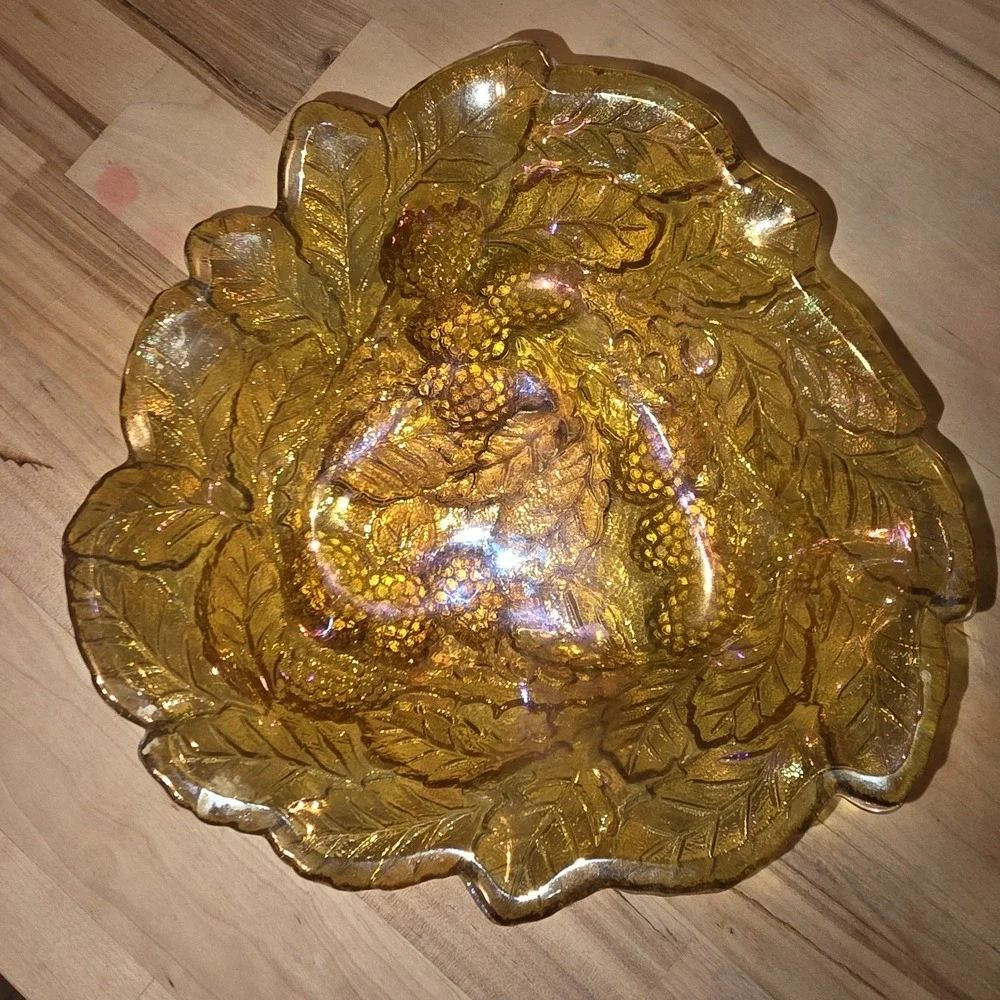 Indiana Amber Carnival Glass Vintage Marigold Loganberry Triangle Candy Nut Dish